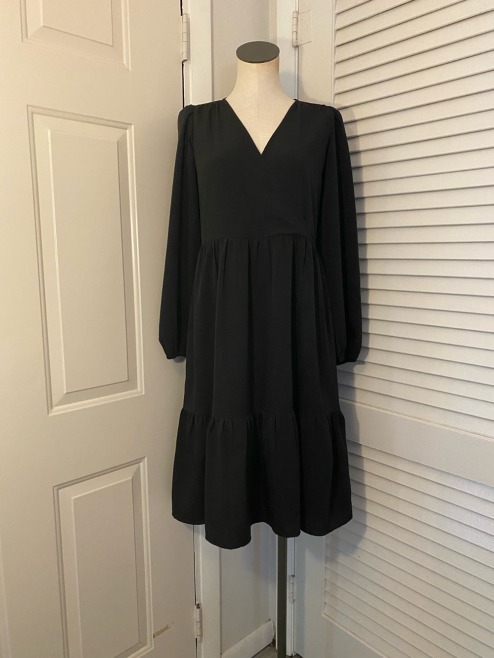 Monki Black V-Neck Long Sleeve Tiered Dress- Size XS